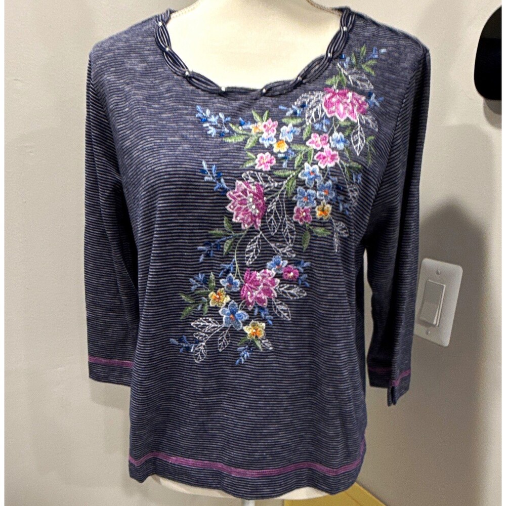 Alfred Dunner Petites PM Blue White Striped Embroidered Knit 3/4 Sleeve Top